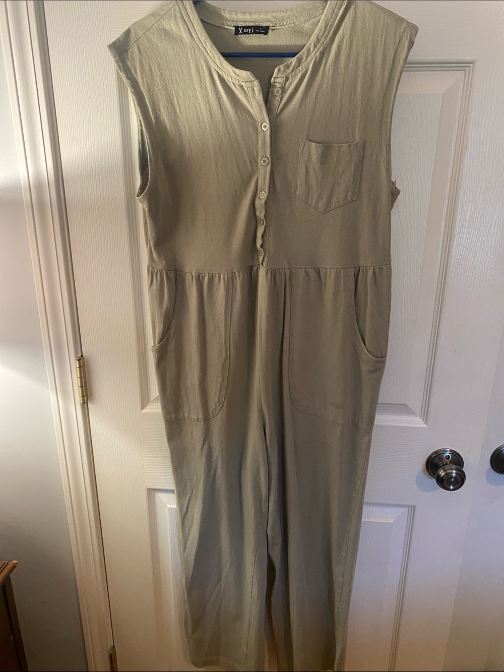 Very J Olive Sleeveless Button-Front Jumpsuit